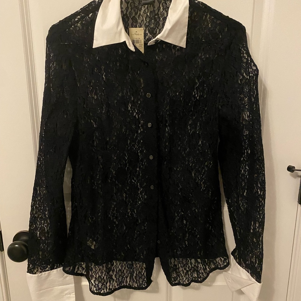 Ann Taylor Factory Black Lace Blazer with White Accents